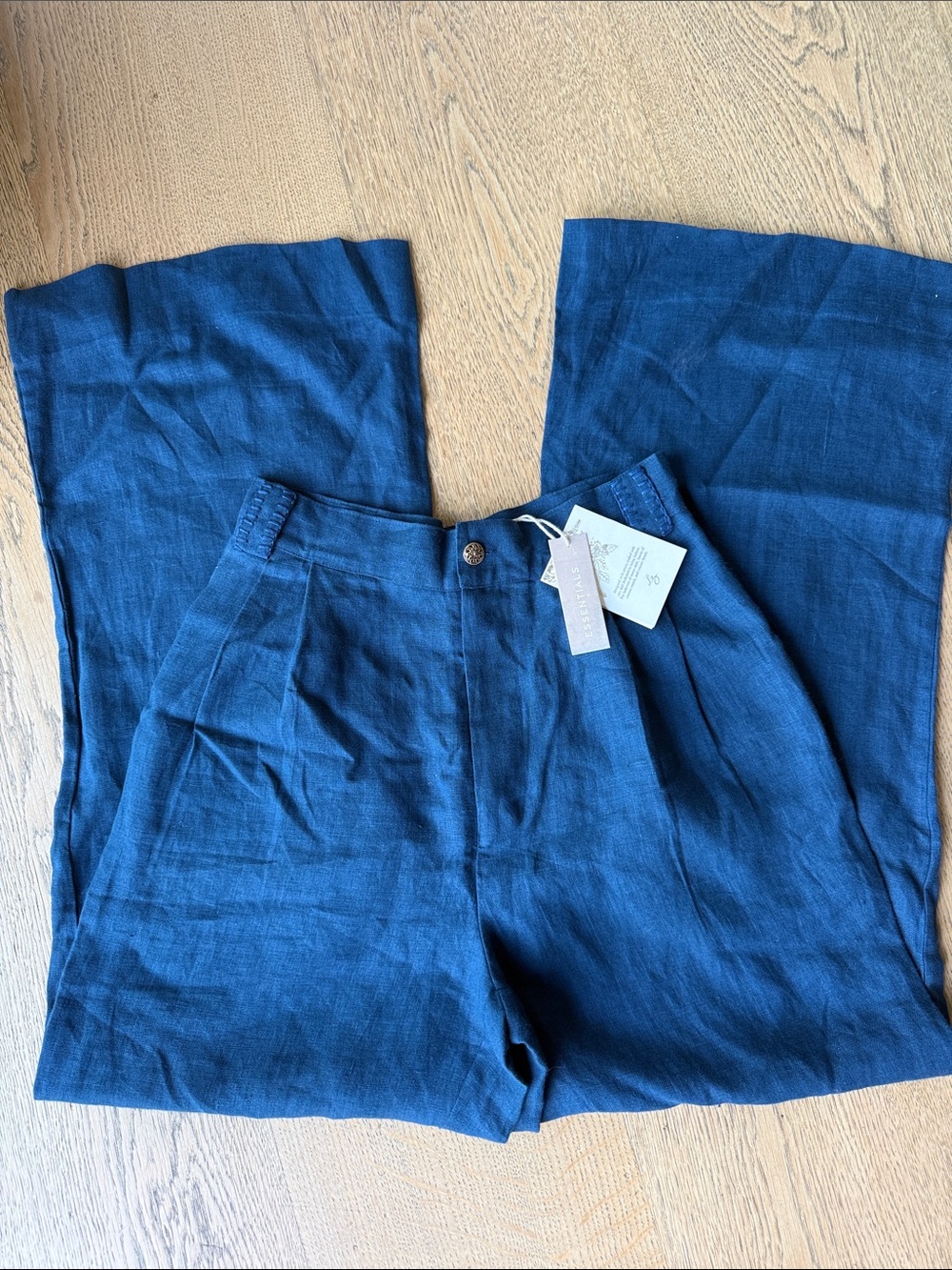 Wide Leg Linen-Blend Pants in Deep Blue